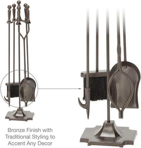 Vista 4 de Uniflame F-1634 - Juego de fuego de 5 piezas con asas de bola y base de pedestal, bronce Ball Handles and Pedestal Base