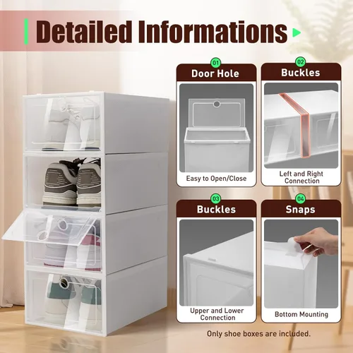 Vista 9 de Cajas organizadoras de almacenamiento de zapatos de plástico, paquete de 20 cajas apilables para zapatos, almacenamiento de zapatos plegable