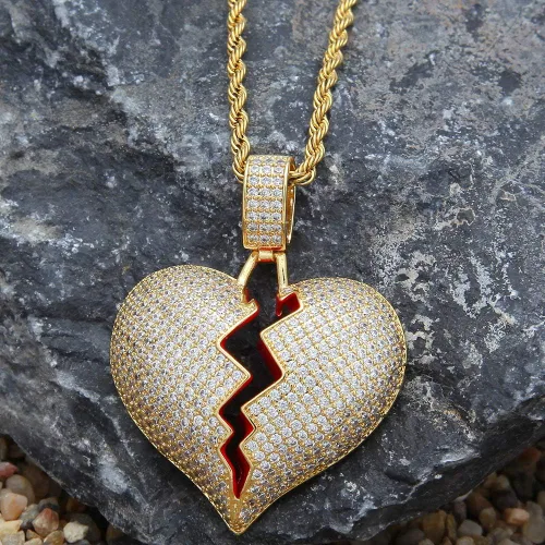 Vista 4 de putouzip Cadenas de corazón roto para hombre, chapado en oro de 18 quilates, collar de cadena de eslabones con colgante