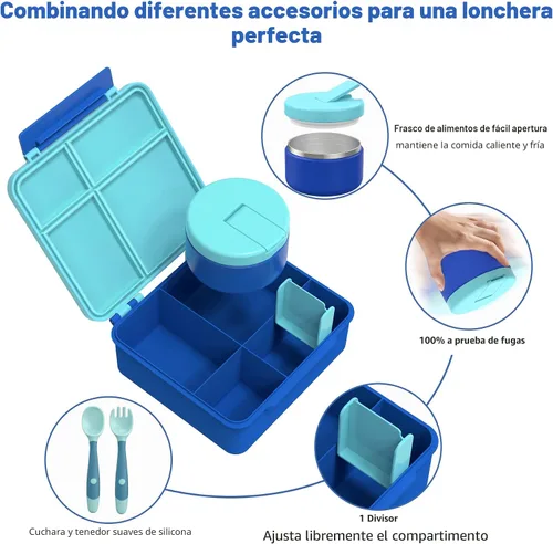 Vista 2 de Pawtong Caja Bento para Almuerzo con Termo para Sopa de 8oz, Contenedores de Comida para Almuerzo para Niños a Prueba de Fugas con 4 Compartimentos