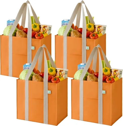 Vista 18 de VENO Paquete de 4 bolsas de comestibles reutilizables de Navidad, bolsas de compras resistentes con asas, para carrito de compras con parte inferior