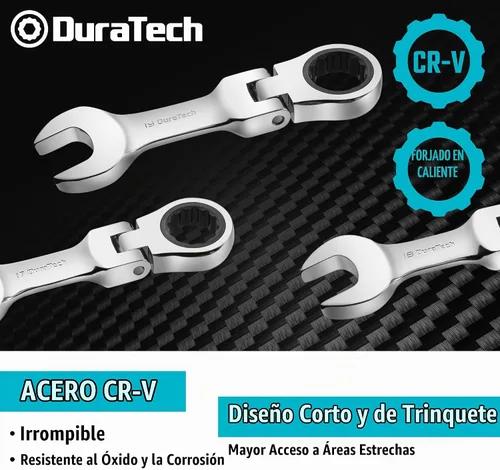 Vista 5 de Duratech - Juego de llaves de trinquete de cabeza flexible Stubby, métricas, 12 piezas, de 8 a 19 mm, acero CR-V, con bolsa