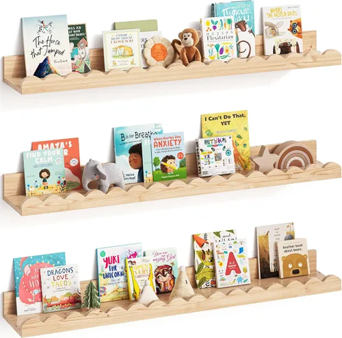 Vista 8 de G&W Gruwald Juego de 3 estantes para libros de guardería, decoración de guardería para bebés y niños pequeños, estantes festoneados, estante