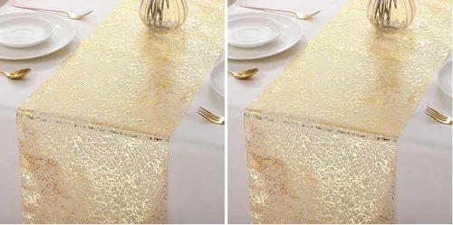 Vista 8 de Tatuo 3 piezas de camino de mesa dorado con brillo metálico, camino de mesa metálico con brillo con rollo rectangular de poliéster para decoración