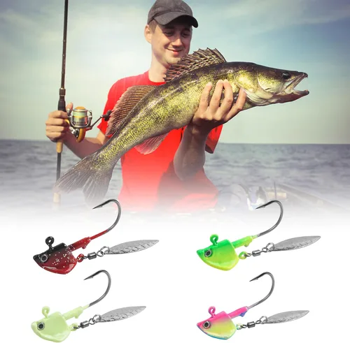 Vista 9 de Jig Heads anzuelos de pesca, 10 piezas de Walleye Jigs Spinner Baits Underspin Jig Heads con hoja de sauce colorido pintado resplandor plantillas
