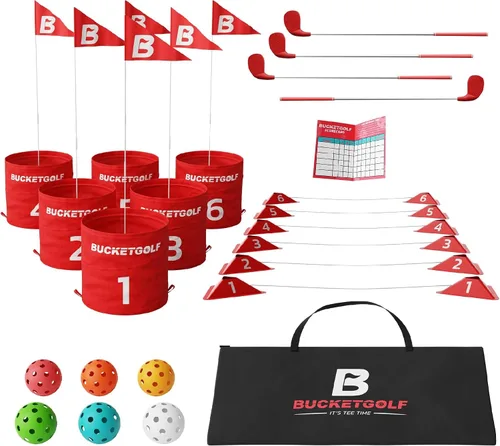 Vista 10 de bucketgolf Juego de 6 hoyos con palos - El mejor juego de golf de patio trasero para todas las edades y niveles, adultos, niños, familias, escuelas