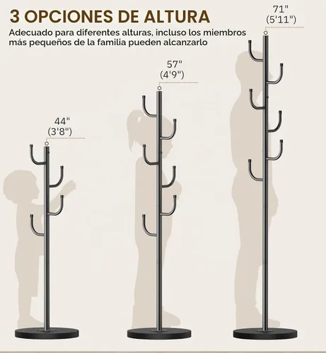 Vista 6 de MISSLO Perchero resistente independiente de 4 tamaños ajustables con base de madera estable, soporte de pie con 6 ganchos para colgar ropa, árbol