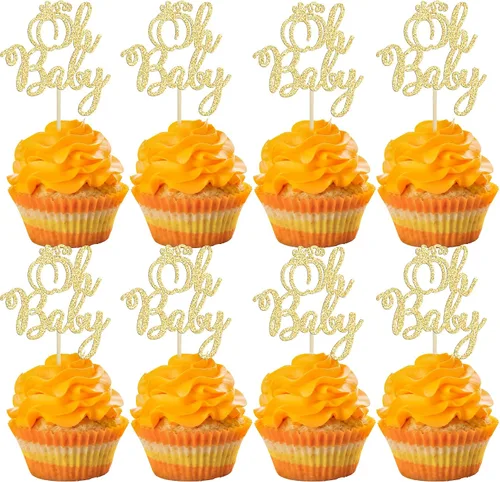 Vista 25 de 24 adornos para cupcakes de calabaza para niños o niñas con purpurina para revelación de género, decoración para cupcakes de calabaza, pies