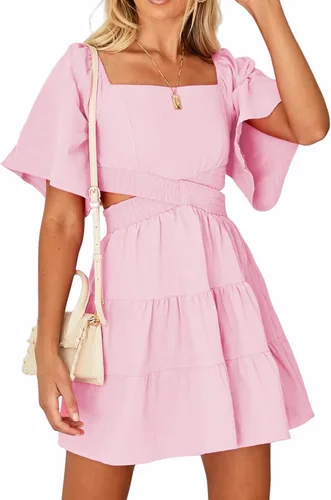 Vista 4 de Shy Velvet - Vestido de verano para mujeres, cuello cuadrado, mangas cortas, cintura cruzada, mini vestido de fiesta casual