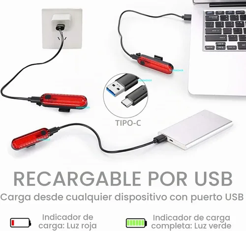 Vista 3 de Paquete de 2 luces traseras de bicicleta recargables USB-C para montar de noche, luces traseras de bicicleta, luces delanteras y traseras