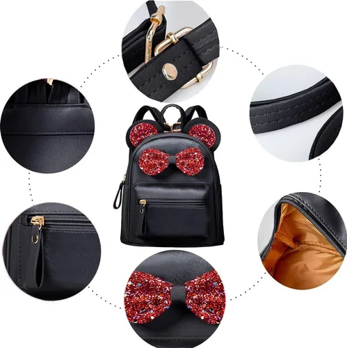 Vista 6 de Sunwel Fashion Mini mochila de viaje con orejas de ratón para niñas adolescentes con lazo de lentejuelas y pompones, Arco negrorojo, Mochila