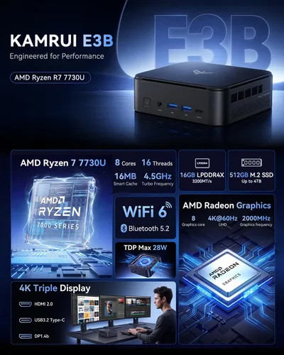 Vista 2 de KAMRUI Mini PC, E3B 32 GB RAM 512 GB SSD Mini computadoras para juegos AMD Ryzen 5 7430U Micro computadora de escritorio