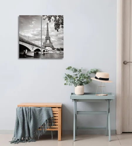Vista 7 de París - Lienzo decorativo para pared, juego de 2 piezas, impresiones decorativas de varios paneles divididos, imagen de la torre Eiffel en blanco
