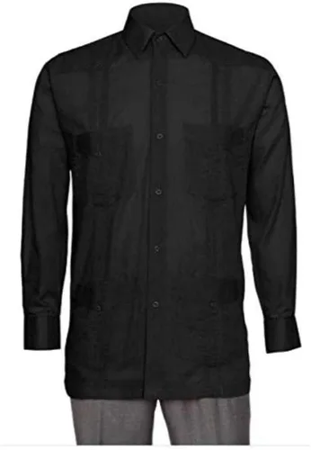 Vista 4 de Camisa de guayabera con aspecto de lino para hombre - Camisa cubana de manga larga