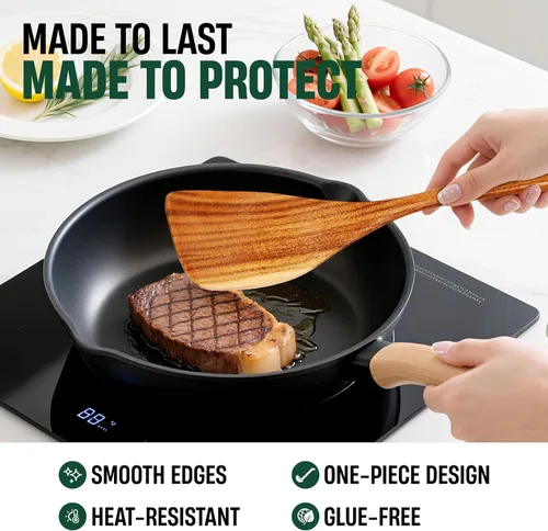 Vista 3 de Bkiok Cucharas de madera para cocinar, juego de utensilios de cocina de madera de teca natural para sartenes antiadherentes, espátula de madera