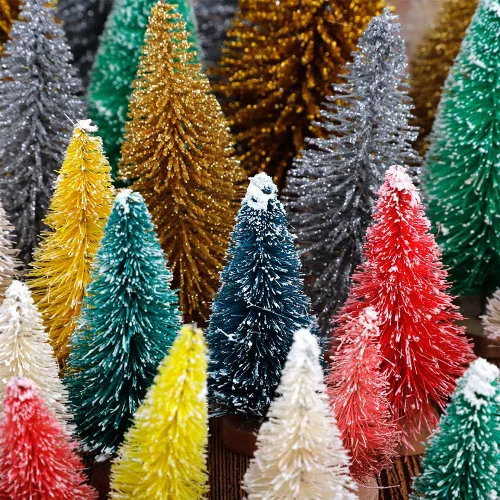 Vista 8 de 40 mini árbol de Navidad, mini árboles de sisal multicolor, árboles de cepillo para botellas, mini árboles artificiales con base de madera, árboles