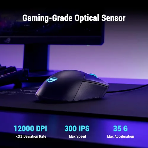 Vista 3 de ASUS ROG Gladius III Core Ratón para juegos con cable – Ergonómico para diestros, 72g, 12K DPI, ROG Paracord, enchufes de interruptor de ajuste a