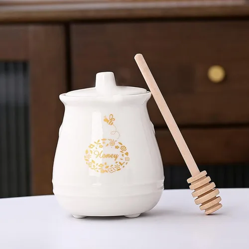 Vista 10 de Tarro de Miel Cerámico con Cuchara de Miel de Madera - Tarro de Miel con Cuchara - Tarro de Miel con Soporte, Gran Decoración de Abeja - Decoración