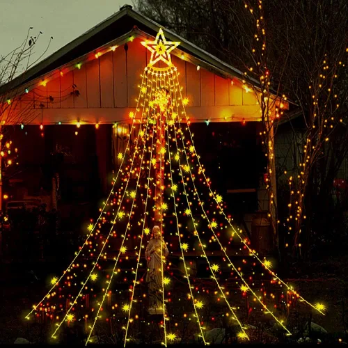 Vista 8 de Aokudoni - Decoración de Navidad para exterior, 12.6 pies, 350 luces LED, 8 modos, luces de estrella de Navidad para exterior para casa, patio, Azul