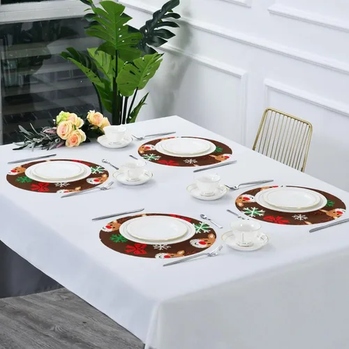 Vista 7 de Manteles individuales de Navidad con lazo y ciervos marrones para mesa de comedor, tejido redondo, reutilizables, para bebé, juego de 4 manteles