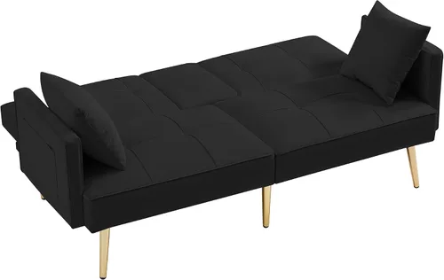 Vista 5 de Moderno sofá cama biplaza de terciopelo con 2 bolsillos, sofá cama convertible tapizado con respaldo múltiple ajustable, futón con patas doradas