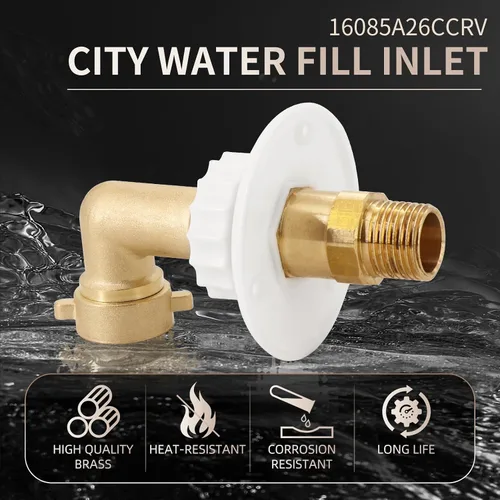 Vista 2 de kipa Brida de entrada de agua para autocaravana, latón con codo de manguera, válvula de retención y conector FPT de 1/2" rosca hembra, brida de 3