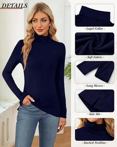 Vista 5 de Ficerd Paquete de 2 camisas de cuello alto para mujer, manga larga, cuello alto, ajustadas, suaves, elásticas, térmicas, básicas, sin botones