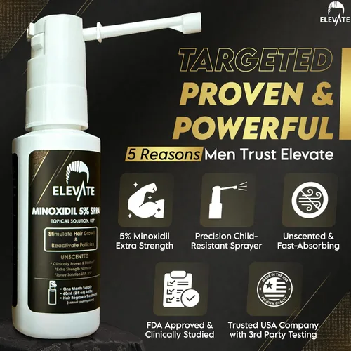 Vista 2 de Elevate Tratamiento de crecimiento del cabello 5% Minoxidil Spray para hombres – Fórmula clínicamente probada de rápida absorción para pérdida