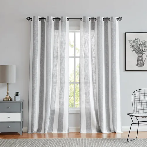 Vista 11 de Central Park Cortinas de Granja con Rayas Beige y Blancas Semi-Transparentes Mezcla de Rayón Textura de Lino Pesado Panel de Cortina para Ventana 6