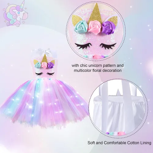 Vista 4 de Vestido de unicornio para niñas de 3 a 8 años con diadema, tutú iluminado con lentejuelas, disfraz de fiesta de unicornio, vestido de princesa