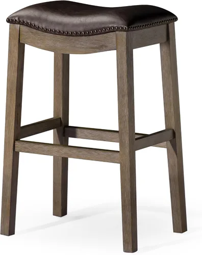 Vista 11 de Maven Lane Adrien Taburete de bar sin espalda, juego de 2, asiento de silla de montar de 31 pulgadas con reposapiés, marco de madera maciza marrón