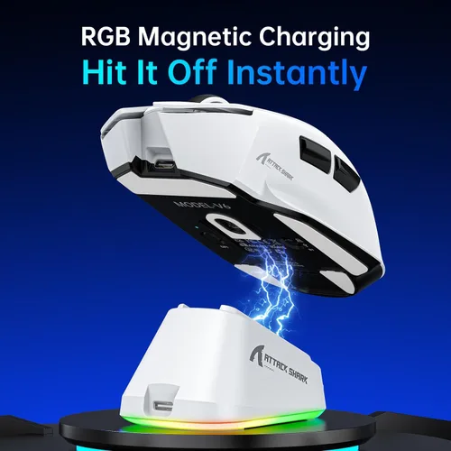 Vista 4 de ATTACK SHARK V6 - Mouse inalámbrico para juegos con base de carga RGB, sensor PAW3311 de 25 K DPI y tres modos de sondeo de 1 K, batería de 500 mAh