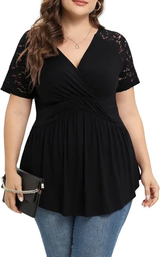 Vista 4 de Camisetas básicas para mujer, de verano, talla grande, manga corta, con encaje, blusa elegante