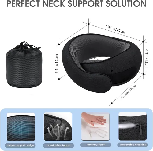 Vista 2 de Almohadas de viaje para el cuello para aviones, almohada cómoda de espuma viscoelástica, diseño ergonómico compacto, esenciales para dormir