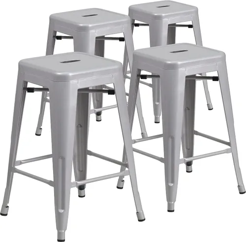 Vista 11 de Taburete de 24 pulgadas de alto para interior y exterior con asiento cuadrado., Metal, Negro