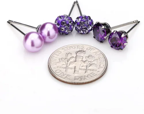 Vista 30 de JewelrieShop - Juego de aretes de tuerca de acero inoxidable con circonitas cúbicas y perlas de imitación, 3 pares de 0.236 in