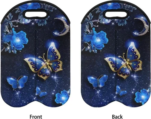 Vista 3 de doginthehole Bolsa de vino de mariposa azul con asa de neopreno para vino, champán, bolsas de cerveza, reutilizable, lavable, portátil, 2 botellas