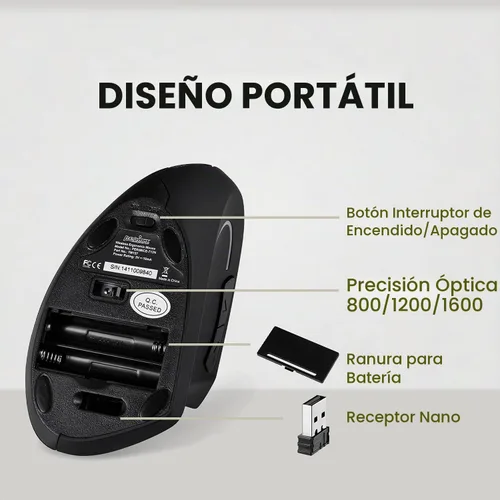 Vista 6 de Perixx PERIMICE-713 - Ratón vertical inalámbrico, diseño de 6 botones, 3 niveles DPI, color negro, diseño para diestros