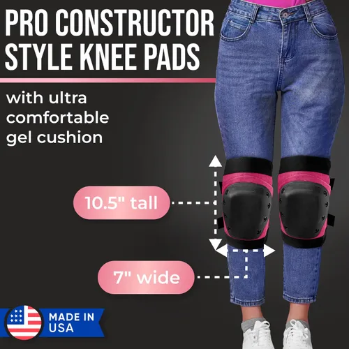 Vista 2 de PRO - Rodilleras estilo constructor para mujer con 3 niveles de protección, rosa, 1 par, tapa de plástico de soporte plano y cierres ajustables