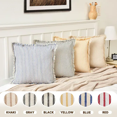 Vista 6 de Fundas de almohada ZWJD de 16 x 16 pulgadas, juego de 2 fundas de almohada a rayas con borlas, fundas de almohada de algodón chic, fundas de cojín