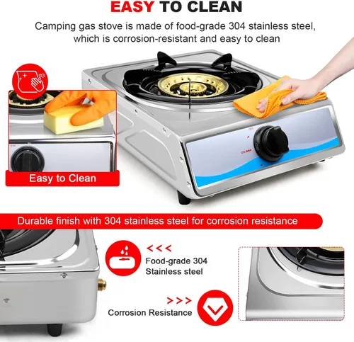 Vista 4 de Cocina de gas propano,Estufa de gas de un solo quemador Estufa de gas portátil de acero inoxidable,Auto Ignition Camping Single Burner LPG para RV
