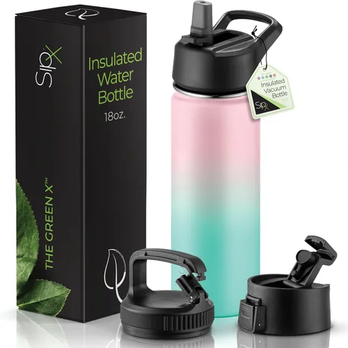 Vista 18 de SIPX™ Botella de Agua Aislada de 18 oz con 3 Tapas – Acero Inoxidable a Prueba de Fugas, Triple Aislamiento – Frío 24 Horas/Caliente 12 Horas