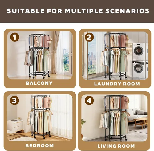 Vista 8 de Perchero hexagonal con ruedas para colgar ropa, armario portátil con ruedas, estante independiente para dormitorio, lavandería, balcón (2 capas)