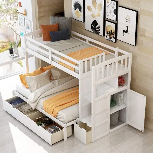 Vista 4 de Harper & Bright Designs Literas con escaleras y cajones de almacenamiento, tamaño individual sobre matrimonial, litera de madera maciza