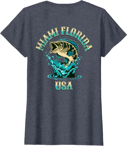 Vista 23 de Camiseta con diseño de pesca en la parte delantera y trasera de Miami Florida USA, Negro