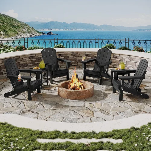 Vista 10 de Juego de 2 sillas Adirondack plegables HDPE con mesa auxiliar, color negro