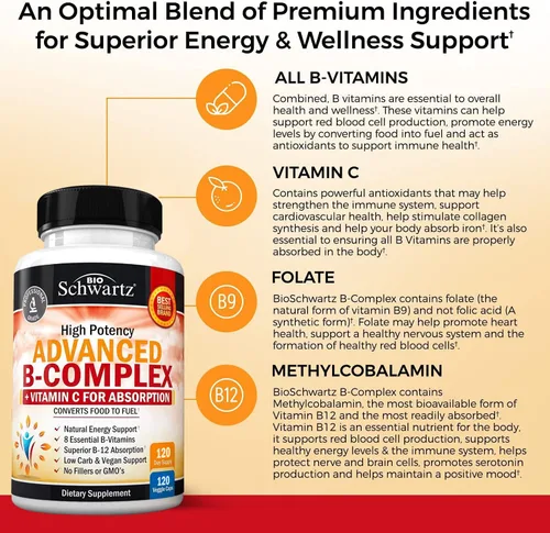 Vista 4 de Complejo de vitamina B con vitamina C para una máxima absorción, metilcobalamina b12 y suplemento de ácido fólico folato - B1 B2 B3 B5 B6 B7 B9