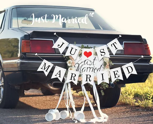 Vista 2 de Tallew 4 juegos de decoraciones para automóvil Just Married, imanes ornamentados de 12 x 7.5 pulgadas, calcomanías para ventana de automóvil del día