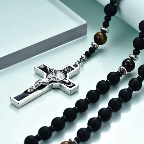 Vista 4 de Rosario de cuentas católicas hechas a mano de 0.315 pulgadas para hombre, collar de rosario negro grande con medalla milagrosa, rosarios, regalos