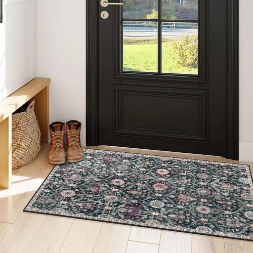 Vista 73 de Lahome - Alfombra marroquí antideslizante y lavable, pequeña alfombra oriental para dormitorio, cocina, entrada, baño, entrada, 61 x 91 cm, crema